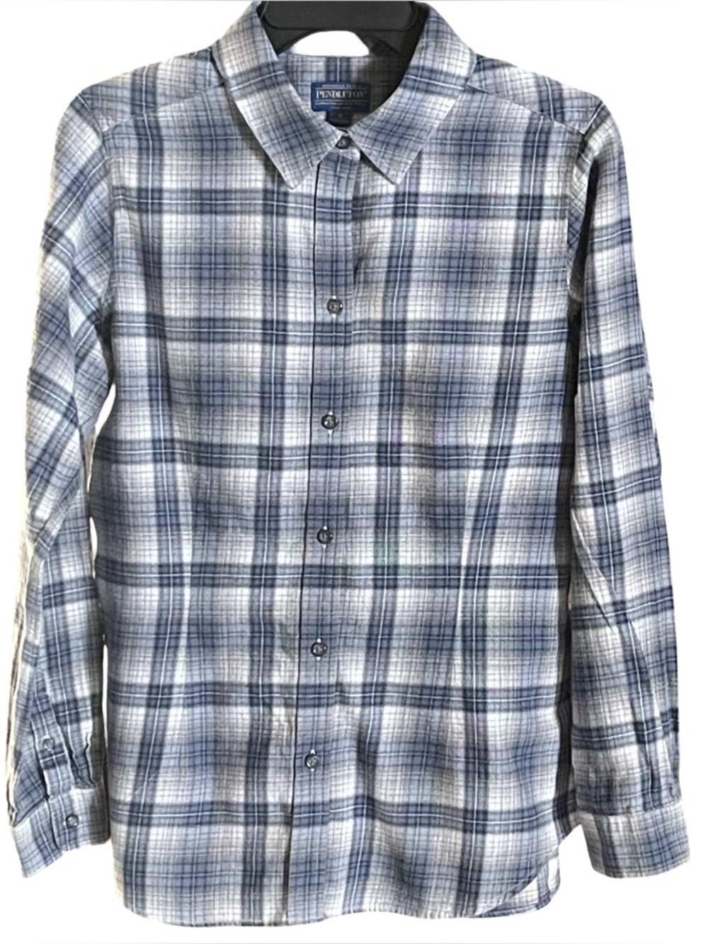 Pendleton Flannel Shirt Gray Blue Button Up Plaid Women Size Medium